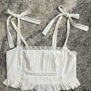 White lace tie shoulder crop top